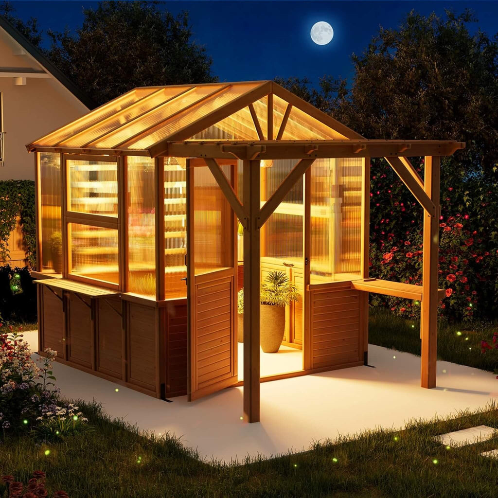 Premium Walk-In Spruce Wood Greenhouse With Pergola And Shelves (SAK75890)