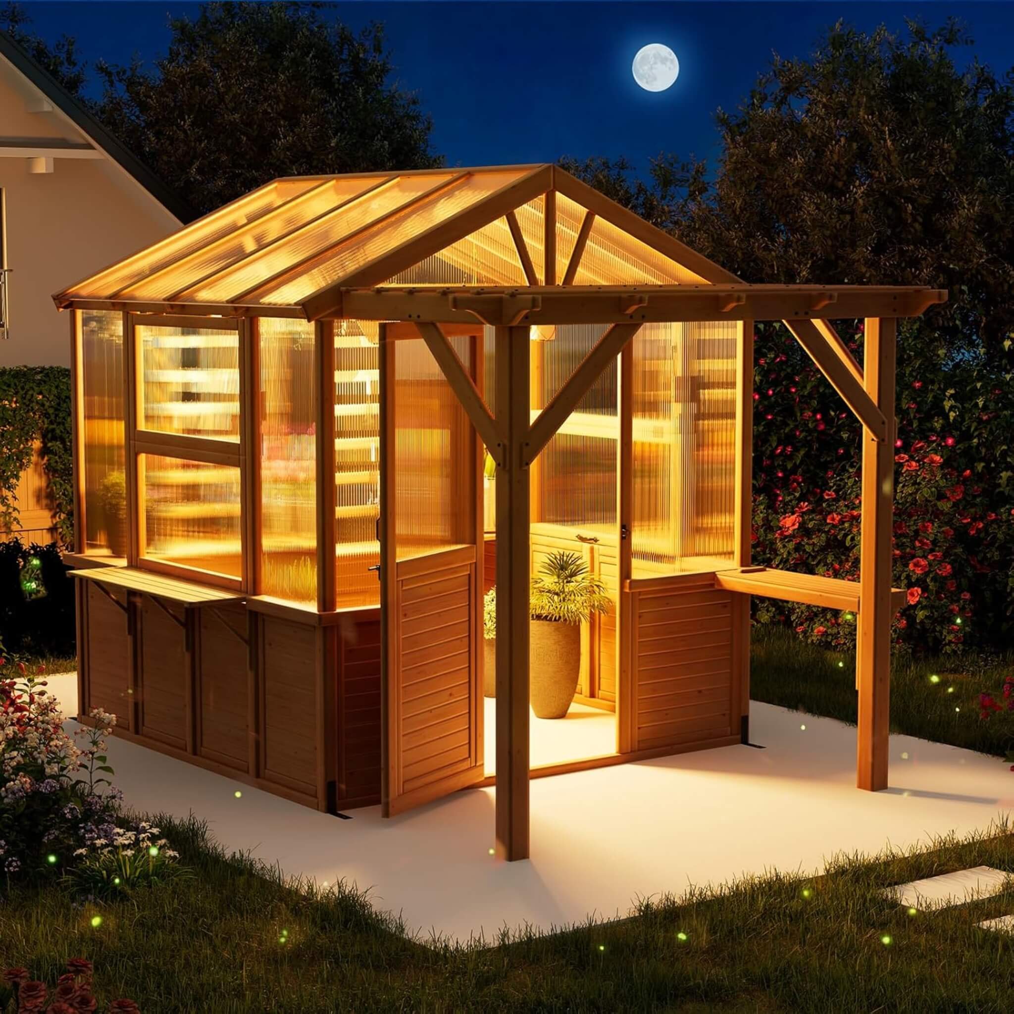 Premium Walk-In Spruce Wood Greenhouse With Pergola And Shelves (SAK75890)