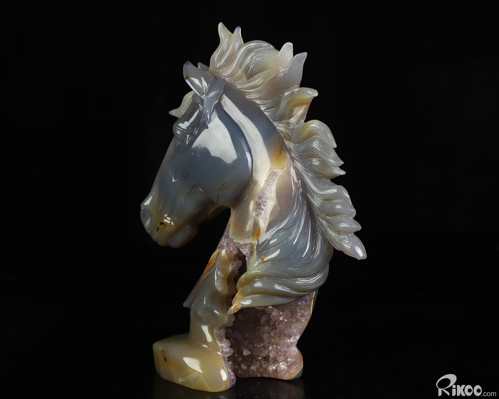 7.1" Agate Amethyst Geode Hand Carved Crystal Horse Sculpture