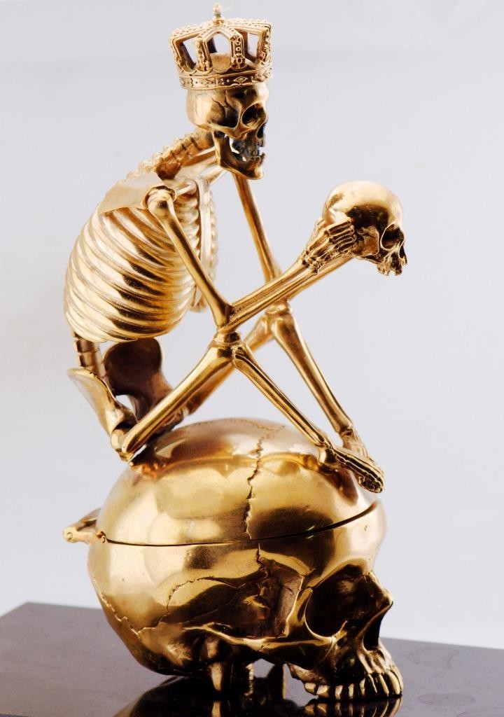 RARE Museum Quality Memento Mori Ormolu Gilt Bronze Skull Skeleton Desk Clock - The misfit market