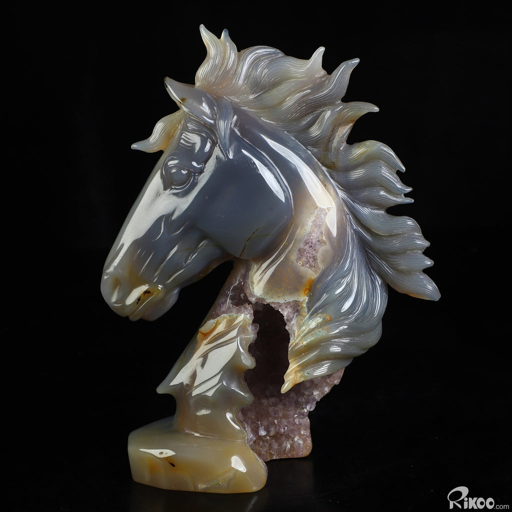 7.1" Agate Amethyst Geode Hand Carved Crystal Horse Sculpture