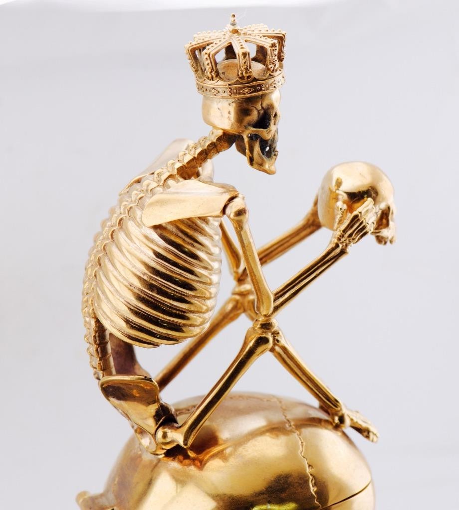 RARE Museum Quality Memento Mori Ormolu Gilt Bronze Skull Skeleton Desk Clock - The misfit market