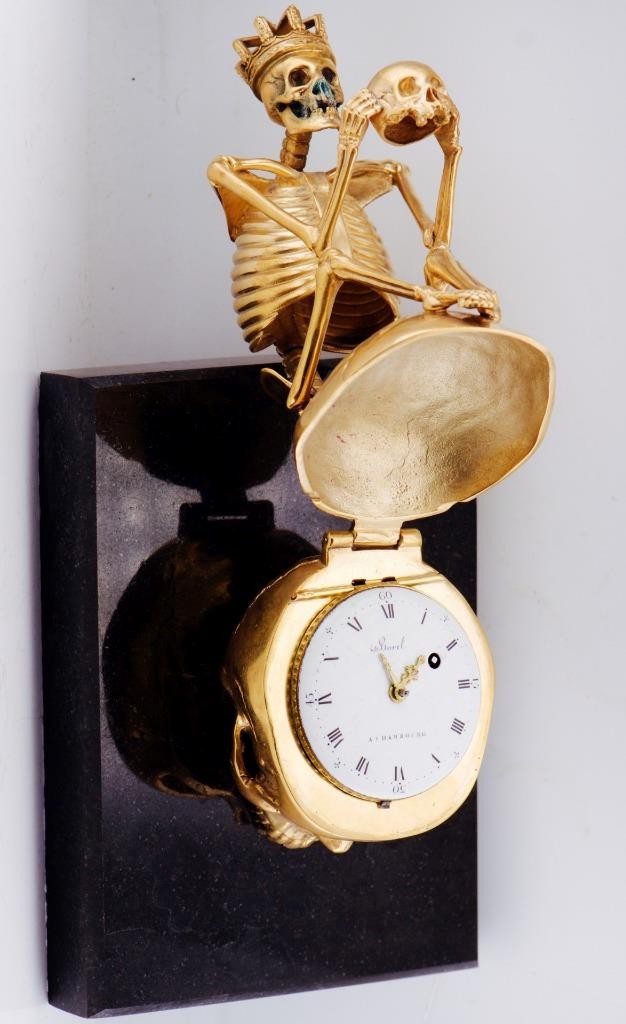 RARE Museum Quality Memento Mori Ormolu Gilt Bronze Skull Skeleton Desk Clock - The misfit market