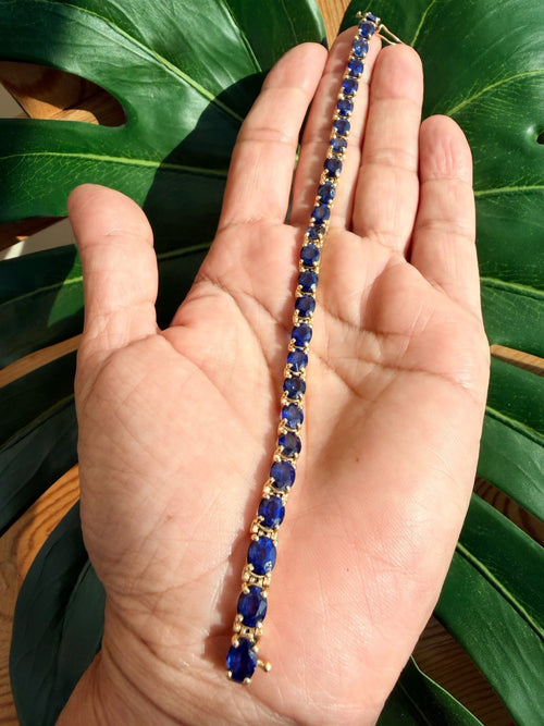 21.25ct Natural Blue Sapphire Tennis Bracelet 14K Yel Gold 25 Oval Stones 7.25” - The misfit market