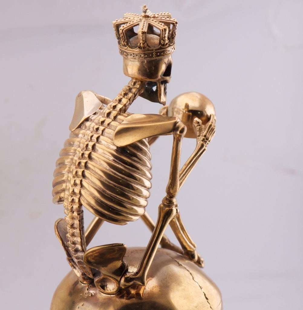 RARE Museum Quality Memento Mori Ormolu Gilt Bronze Skull Skeleton Desk Clock - The misfit market