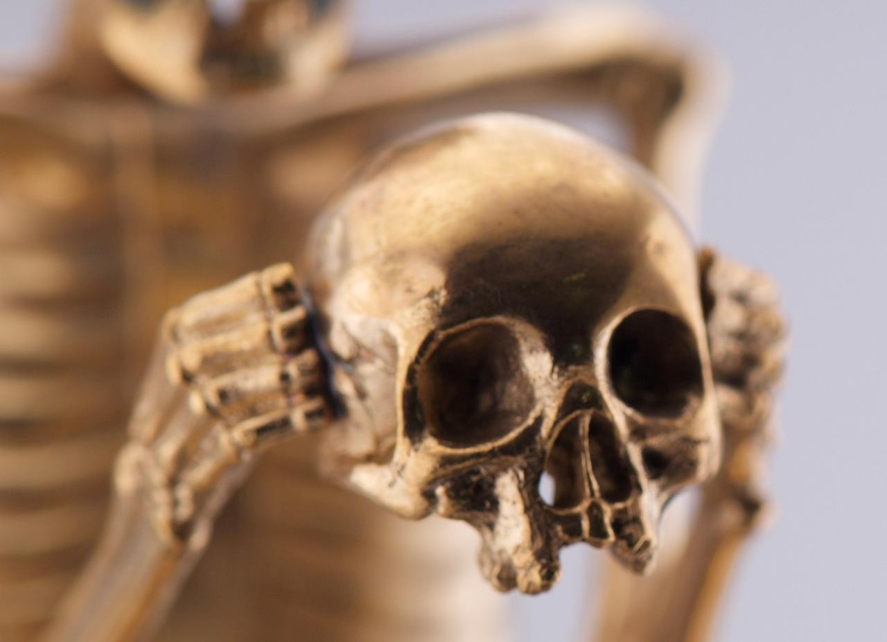 RARE Museum Quality Memento Mori Ormolu Gilt Bronze Skull Skeleton Desk Clock - The misfit market