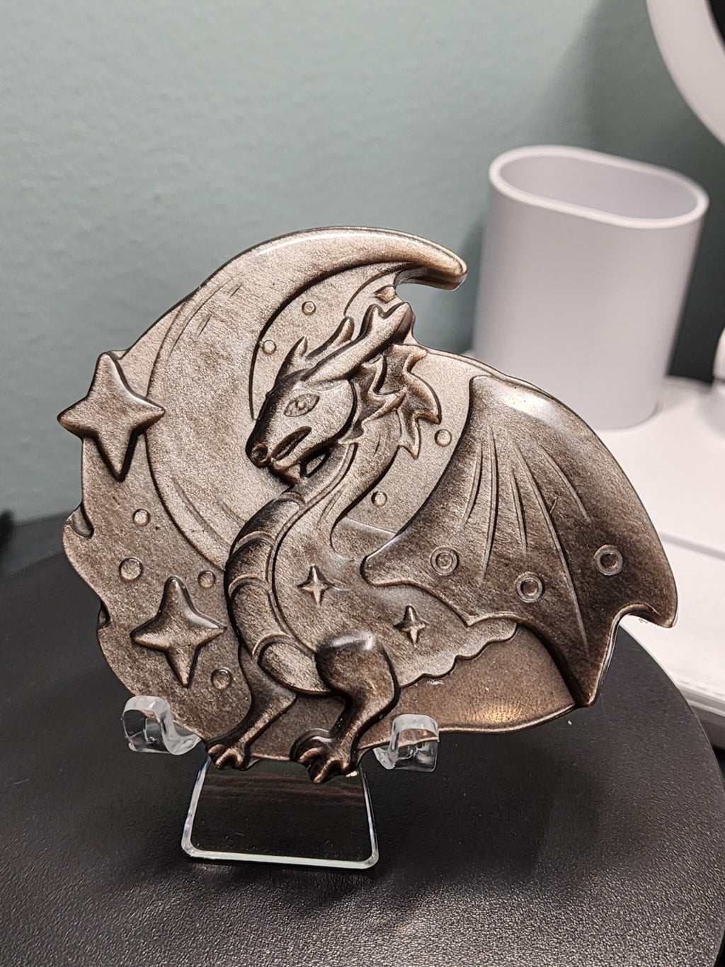 Silver Obsidian Stone Dragon Carving 3.2" Height 3.4" Length