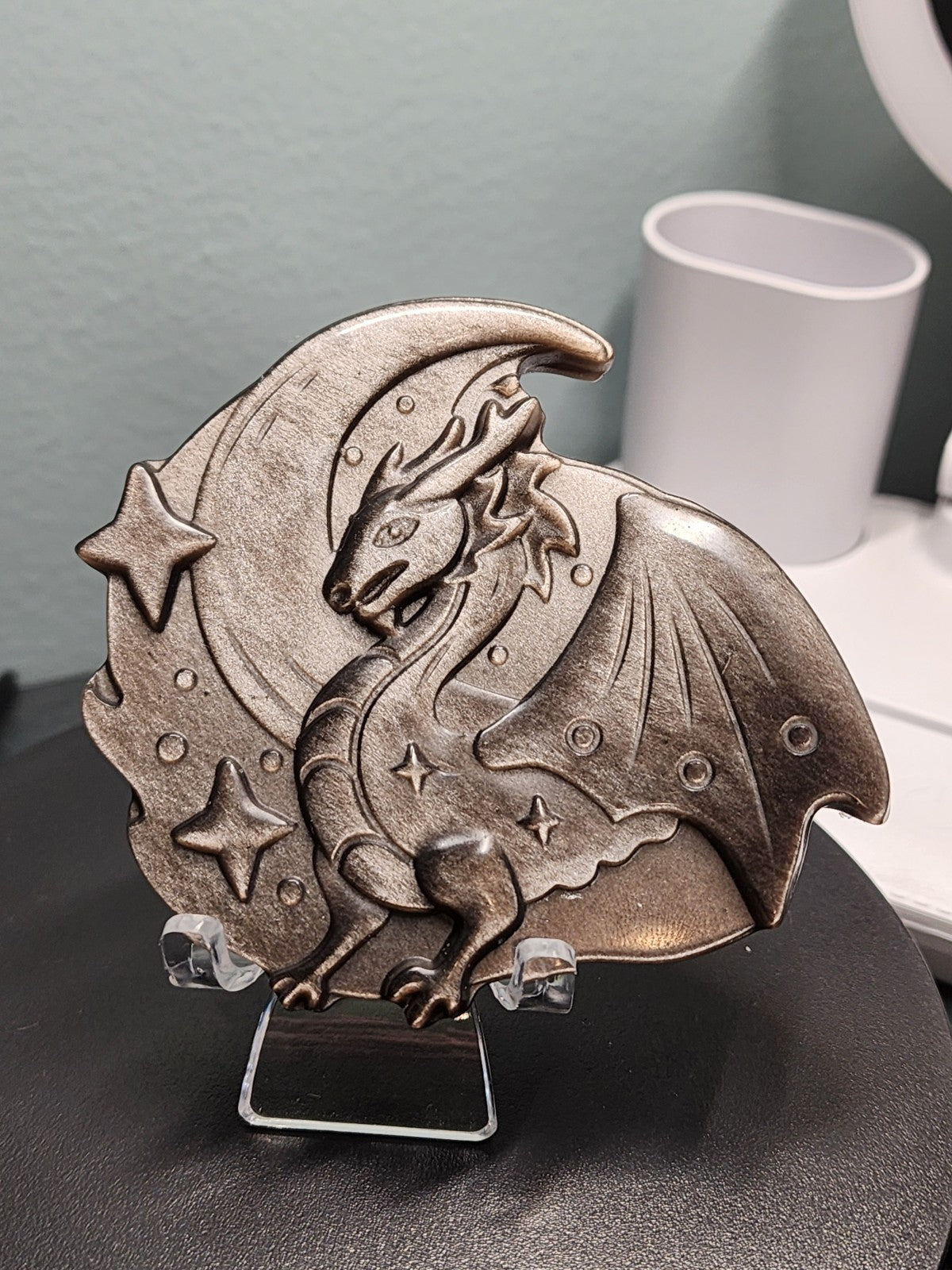 Silver Obsidian Stone Dragon Carving 3.2" Height 3.4" Length