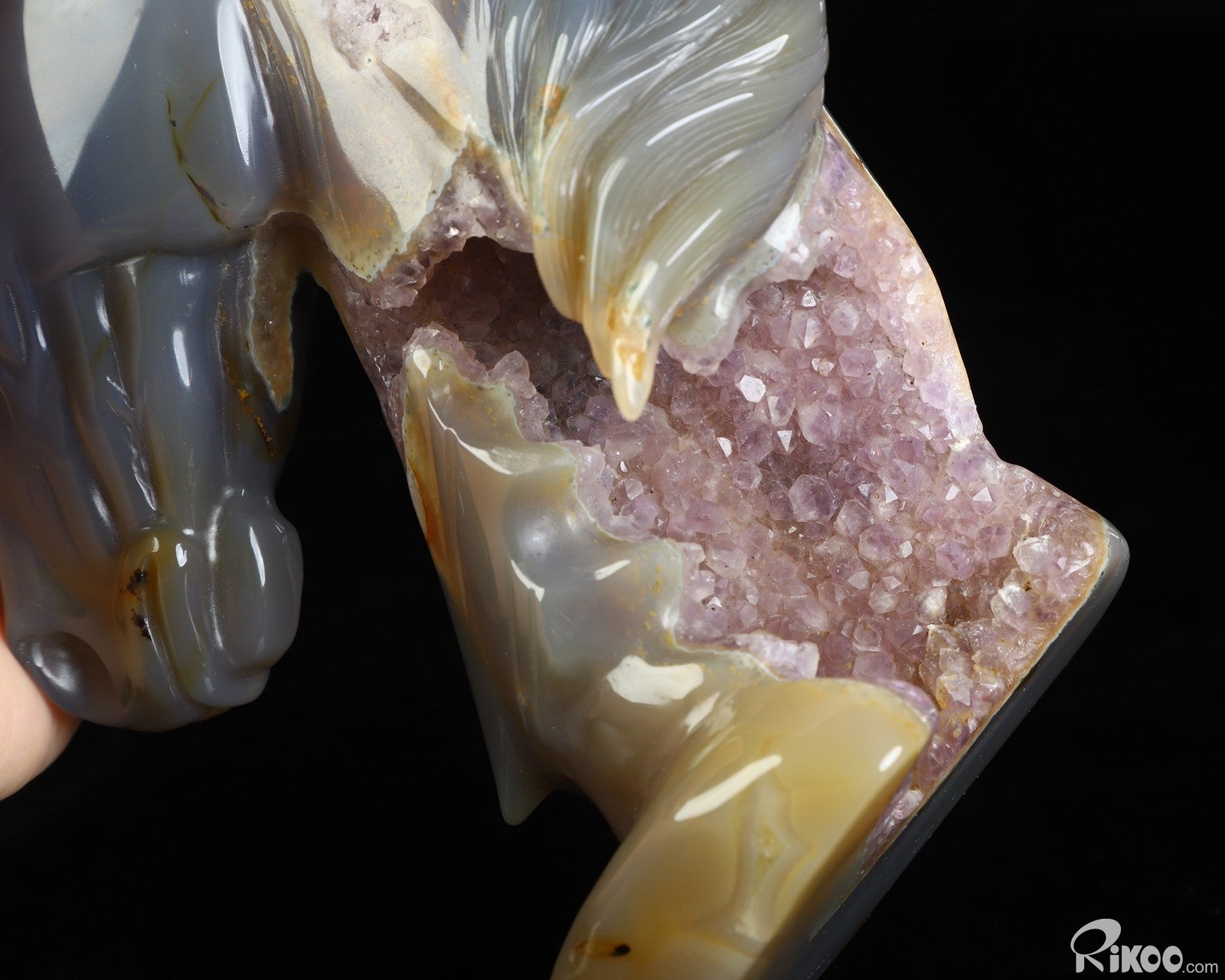 7.1" Agate Amethyst Geode Hand Carved Crystal Horse Sculpture