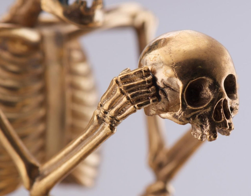 RARE Museum Quality Memento Mori Ormolu Gilt Bronze Skull Skeleton Desk Clock - The misfit market