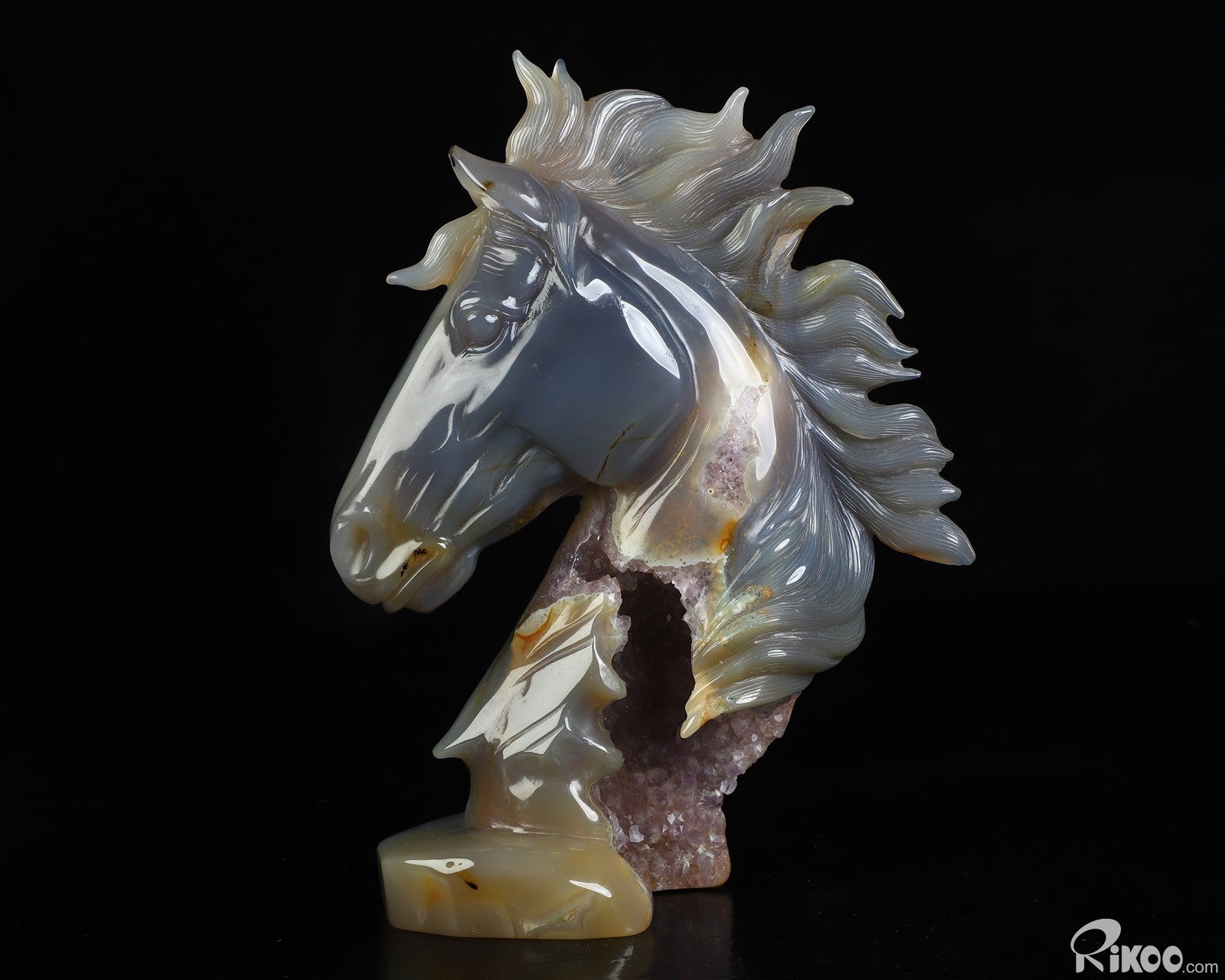 7.1" Agate Amethyst Geode Hand Carved Crystal Horse Sculpture