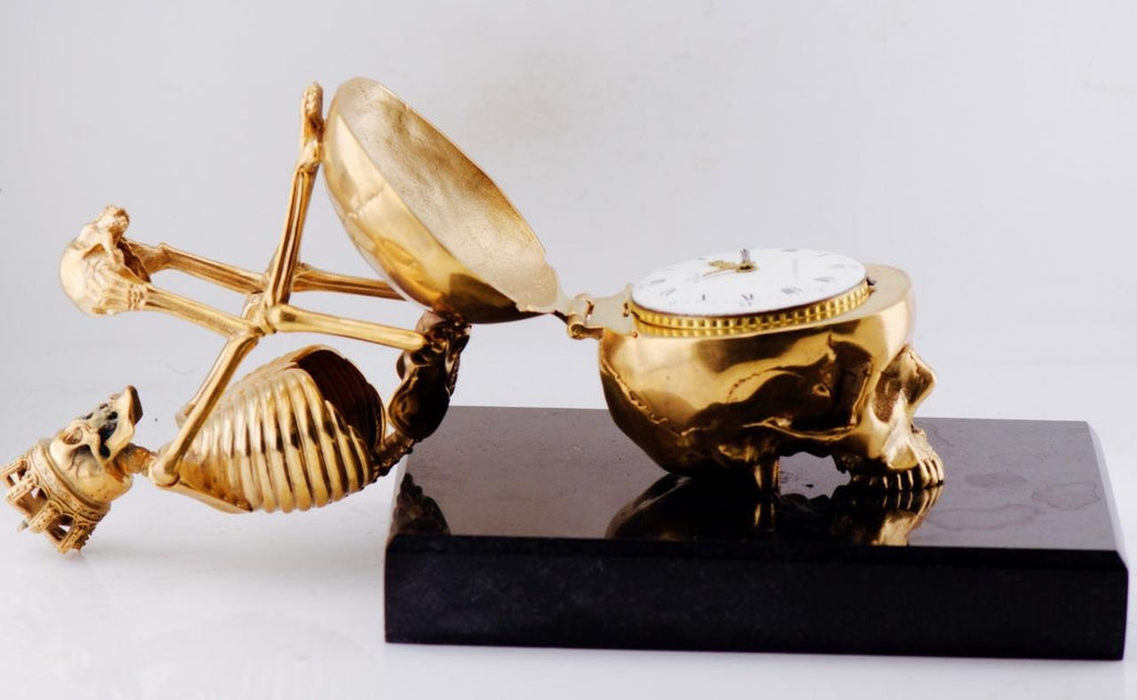 RARE Museum Quality Memento Mori Ormolu Gilt Bronze Skull Skeleton Desk Clock - The misfit market
