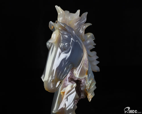 7.1" Agate Amethyst Geode Hand Carved Crystal Horse Sculpture