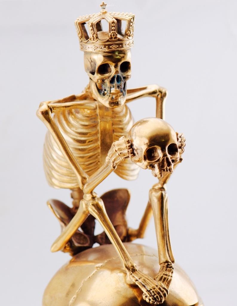 RARE Museum Quality Memento Mori Ormolu Gilt Bronze Skull Skeleton Desk Clock - The misfit market