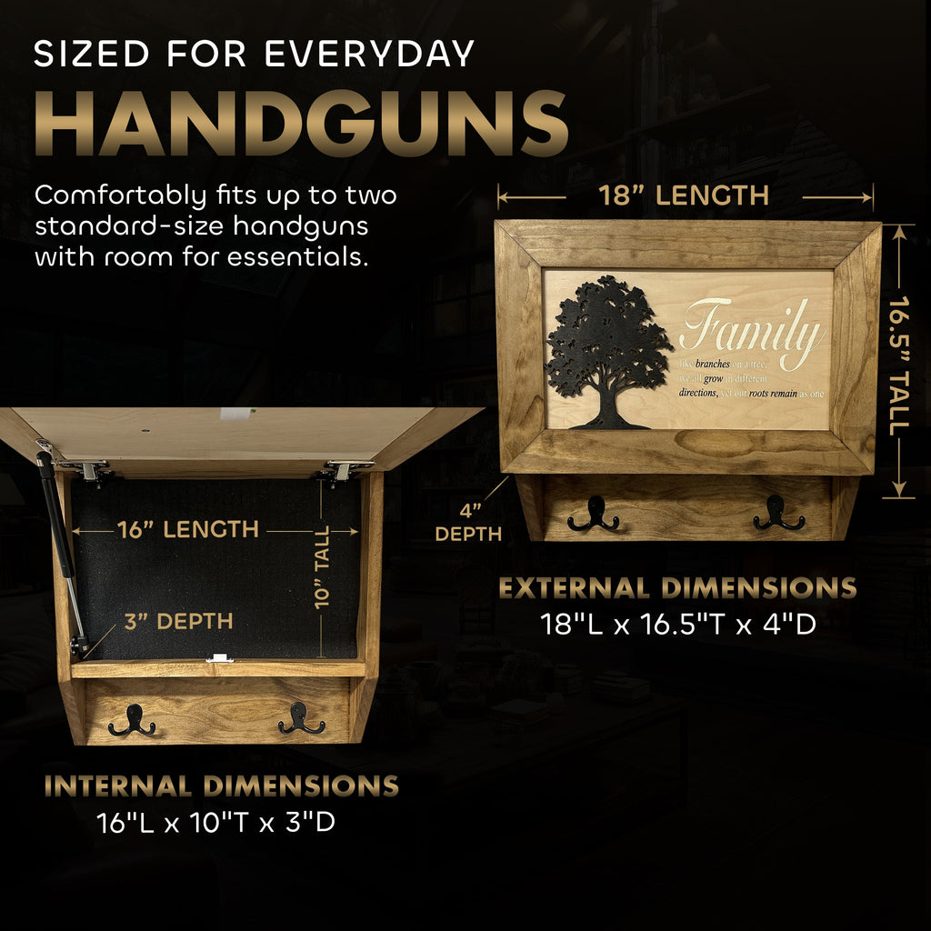 Family Tree Gun Safe Coat Rack - Handcrafted Wooden Gun Cabinets - Gun Shelf Hidden Storage for Rifles, Shotguns, & Handguns - Quick Access Wall Safe - The misfit market