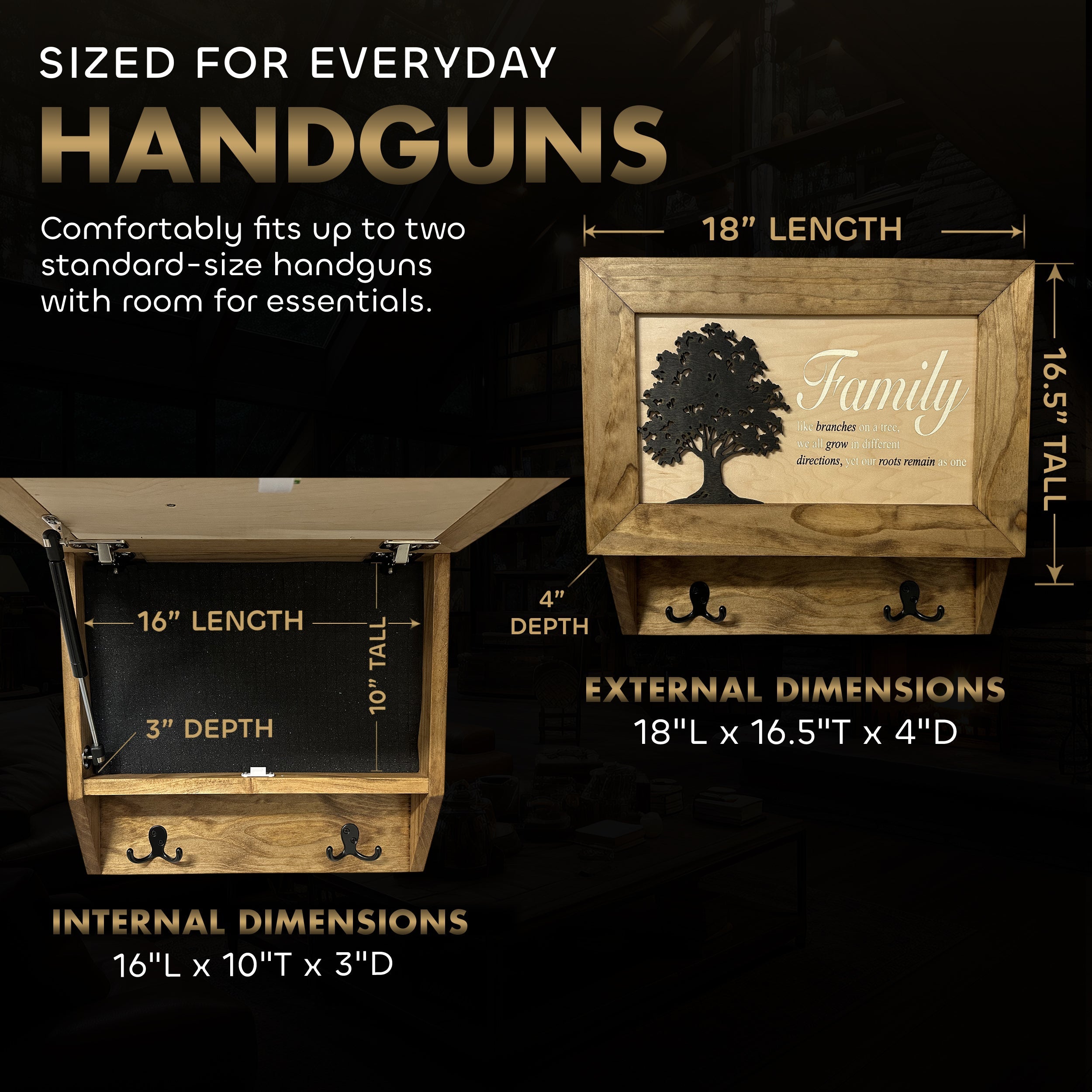 Family Tree Gun Safe Coat Rack - Handcrafted Wooden Gun Cabinets - Gun Shelf Hidden Storage for Rifles, Shotguns, & Handguns - Quick Access Wall Safe - The misfit market