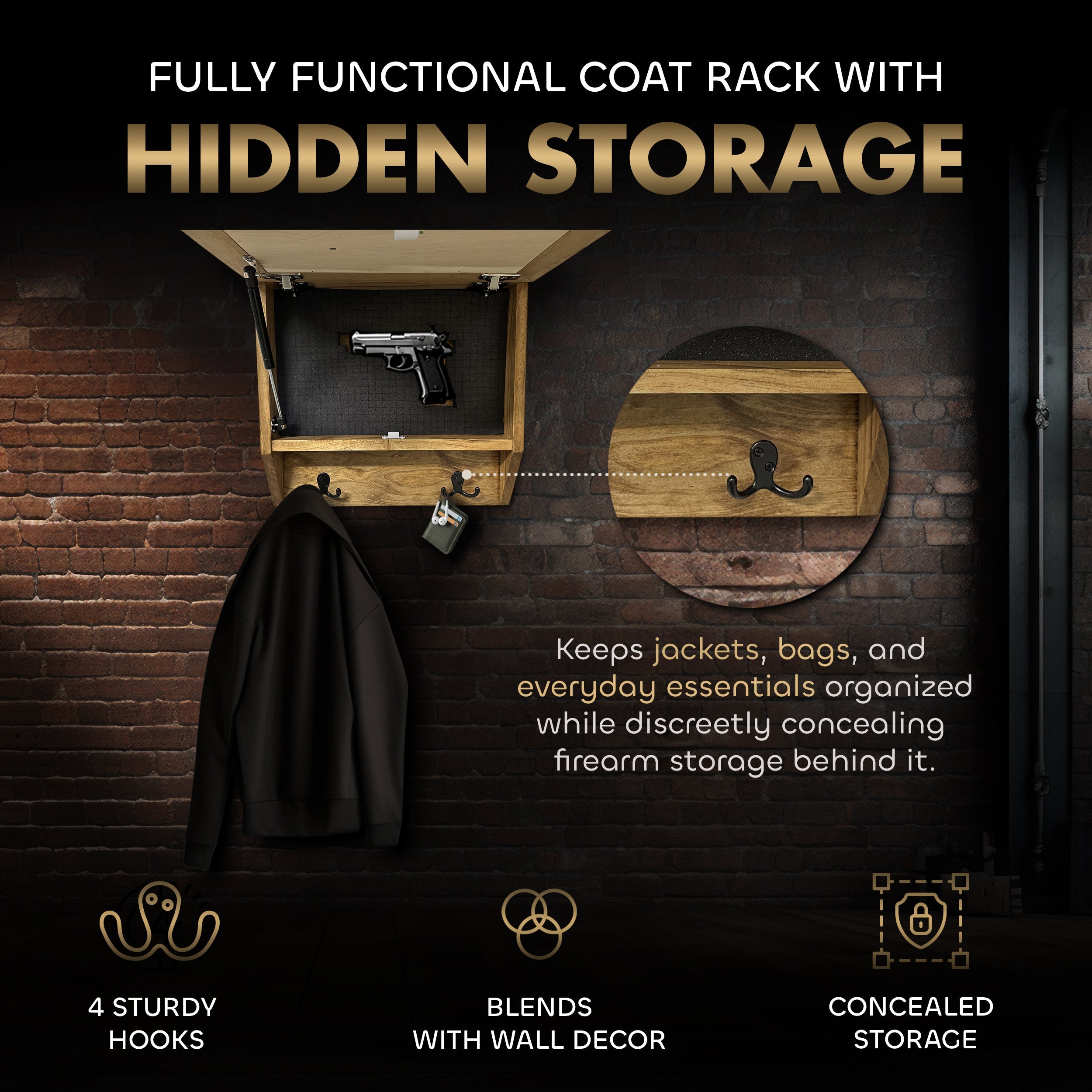 Family Tree Gun Safe Coat Rack - Handcrafted Wooden Gun Cabinets - Gun Shelf Hidden Storage for Rifles, Shotguns, & Handguns - Quick Access Wall Safe - The misfit market