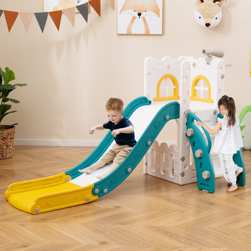 6-in-1 Toddler Slide L-shaped Playground with Basketball Hoop and Ladder