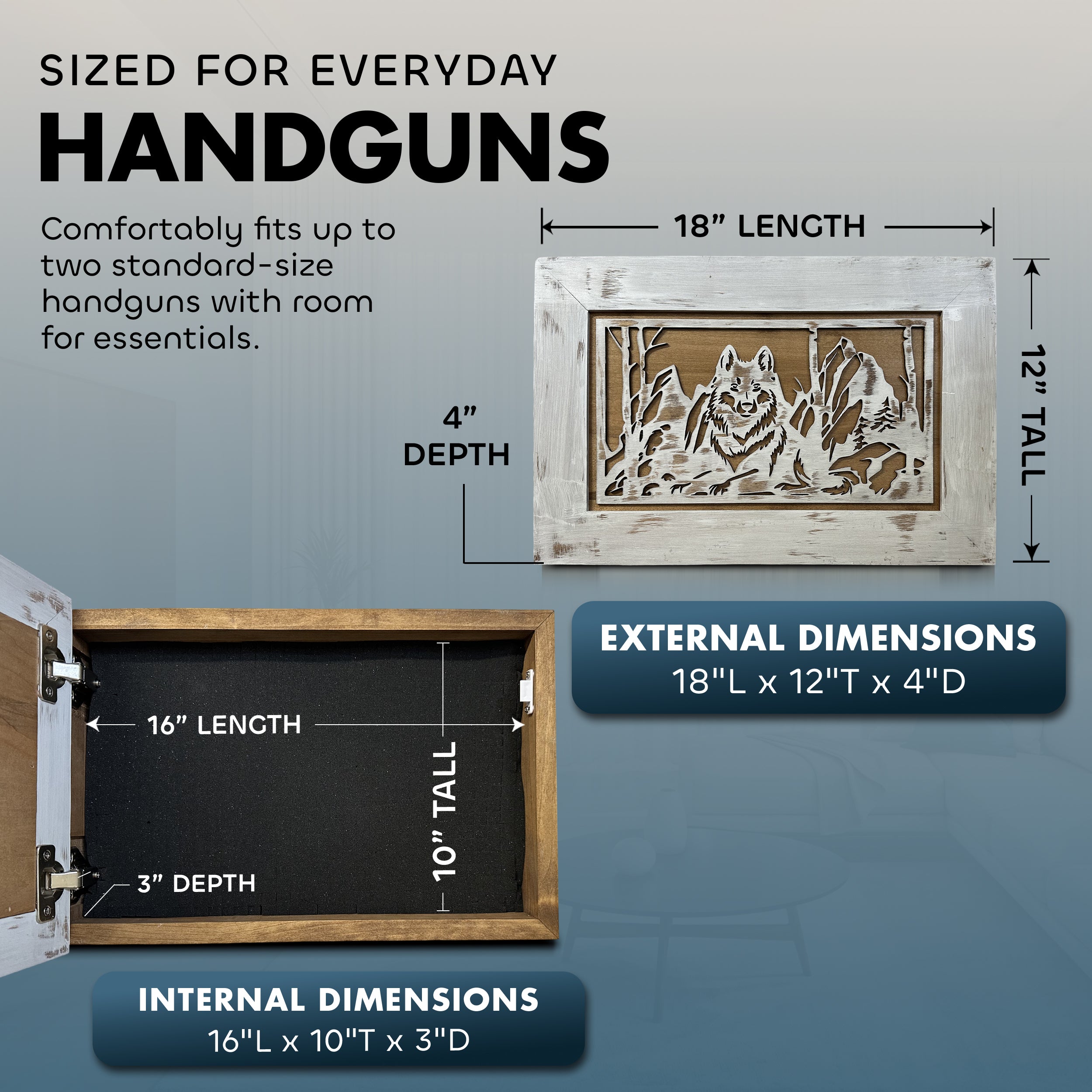 White Wolf Gun Concealment Furniture - Handcrafted Hidden Gun Storage Wall Decor - Hidden Gun Shelf with Magnetic Lock for Quick Access - The misfit market