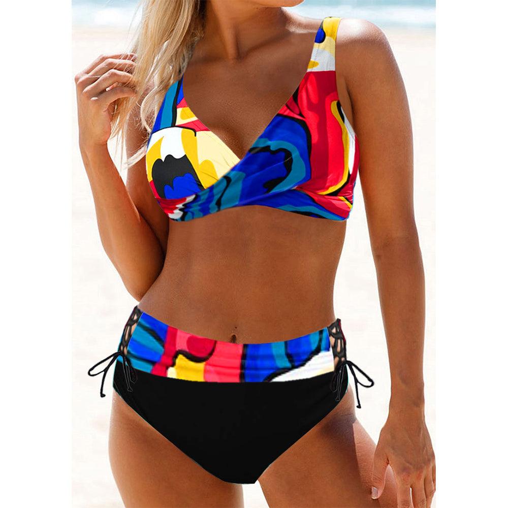 Colorful bikini set on a beach background